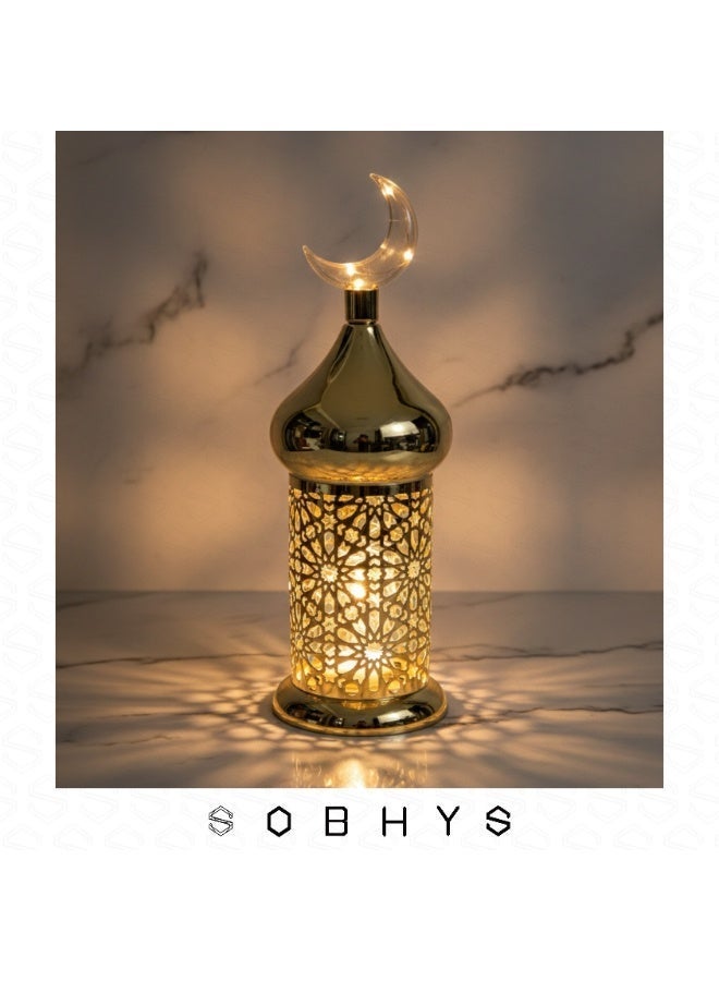SOBHYS Fanoos Fanous Fanos Ramadan Lantern Decor, Gold-Plated Metal, LED Light, Crescent Moon Top, Islamic Design, 34cm Height, Battery Powered SOBHYS - Image 1